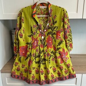 Ritu Kumar Floral Block Print‎ Tunic Womens 34 Green Embellished Boho